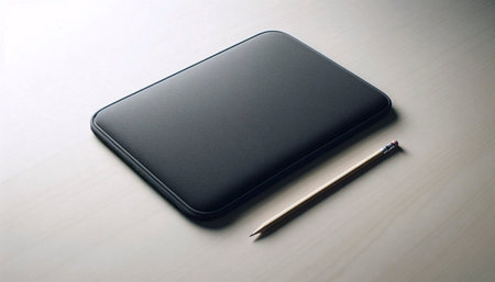 A slim neoprene laptop sleeve mockup in dark grey, on a minimalist desk, Ai generated image