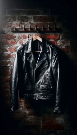 A black leather biker jacket mockup, hanging on a rusty iron hook on a brick wall, Ai generated imageの写真素材