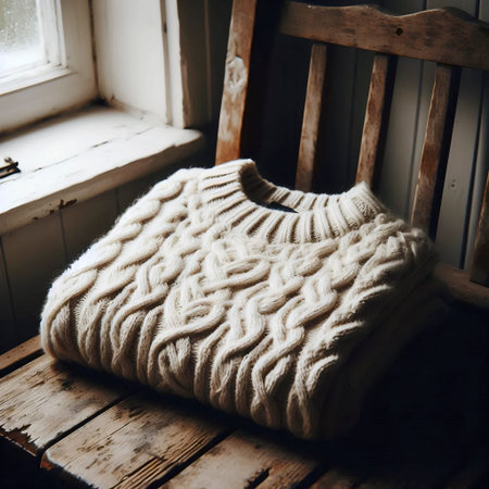 A chunky cream cable-knit sweater mockup, folded on a rustic bench.