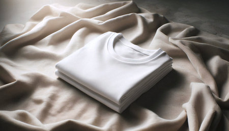 A pure white organic cotton t-shirt mockup, gently folded on hemp canvas, Ai generated imageの写真素材