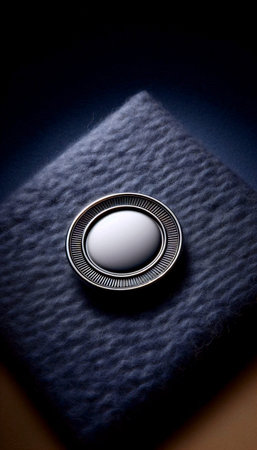 A round enamel pin mockup with a plain metal border, placed on a wool felt pad, Ai generated image