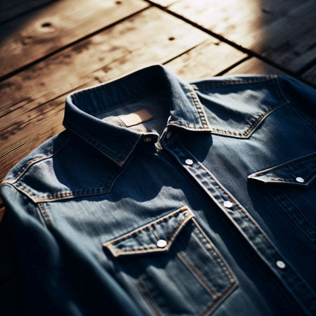 A vintage indigo denim shirt mockup, laid flat on a worn wooden table, Ai generated image