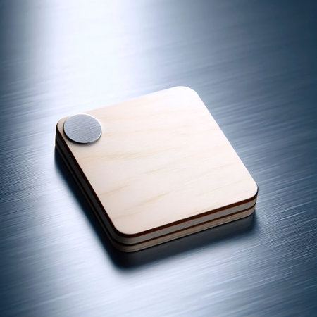 A rectangular birch wood fridge magnet mockup, blank, on a stainless steel surface.