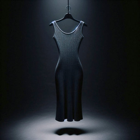 A ribbed charcoal knit midi dress mockup, hanging from a velvet ribbon, Ai generated image