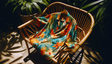 A short-sleeve shirt mockup in printed silk, unbuttoned and laid over a bamboo chair, Ai generated...