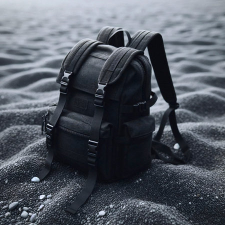 A black cordura backpack mockup, empty and slightly crumpled, on a gravel surface.