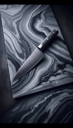 A polished steel chefs knife mockup on a stormy grey marble surface, Ai generated image