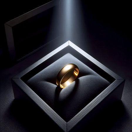 A simple gold band mockup nestled in black velvet within an open box