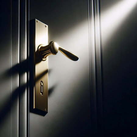 A single brass door handle mockup on a matte charcoal door surface, Ai generated image