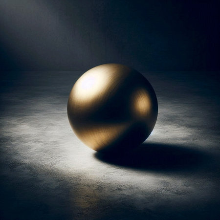 A solid bronze sphere mockup on a rough, dark concrete floor