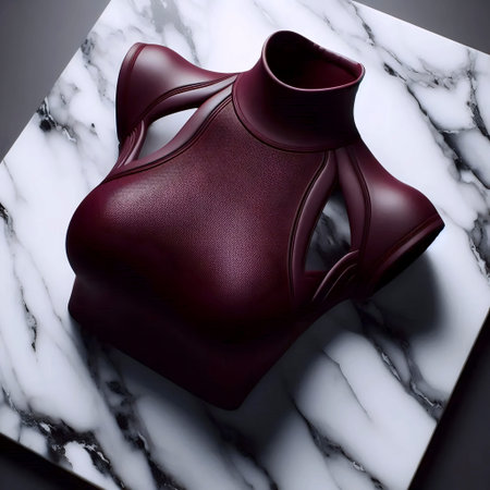 A high-neck neoprene top mockup in burgundy, laid on a polished marble slab, Ai generated image