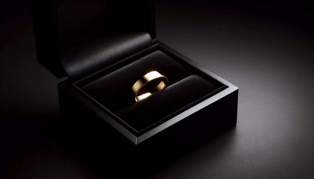 A simple gold band mockup nestled in black velvet within an open box.