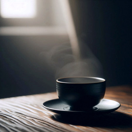 A black porcelain coffee cup and saucer mockup on a dark stained oak table, Ai generated image