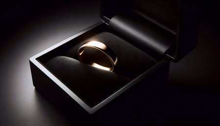A simple gold band mockup nestled in black velvet within an open box, Ai generated image