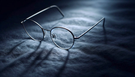 A thin titanium eyeglass frame mockup posed on a deep navy wool felt, Ai generated image