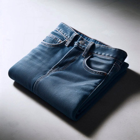 A pair of classic blue jeans mockup, folded to highlight the waistband and back pocket detail, AI...