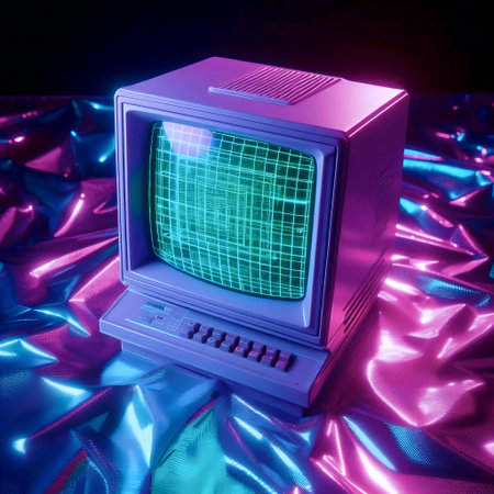 A translucent purple CRT monitor mockup displaying a grid, on a silver holographic surface, Ai...
