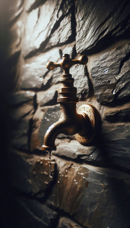A brass wall-mounted tap mockup on a textured slate wall, Ai generated image