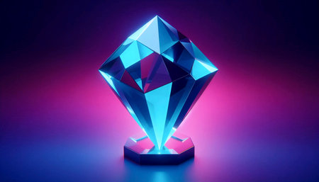A low-poly aquamarine crystal mockup, rotating on a mirrored pedestal, Ai generated image