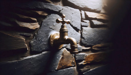 A brass wall-mounted tap mockup on a textured slate wall, Ai generated image