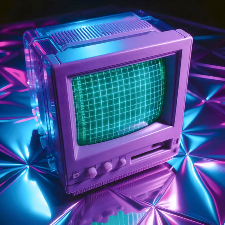 A translucent purple CRT monitor mockup displaying a grid, on a silver holographic surface.