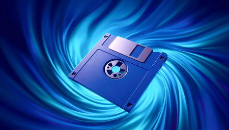 A neon blue floppy disk mockup, floating over a swirling desktop background, Ai generated image