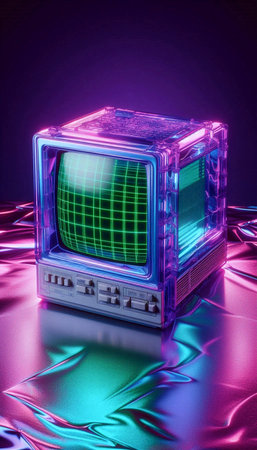 A translucent purple CRT monitor mockup displaying a grid, on a silver holographic surface, Ai...