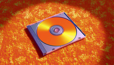A bright orange CD jewel case mockup, empty and slightly open, on a dirty pixel carpet texture