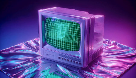 A translucent purple CRT monitor mockup displaying a grid, on a silver holographic surface, Ai...