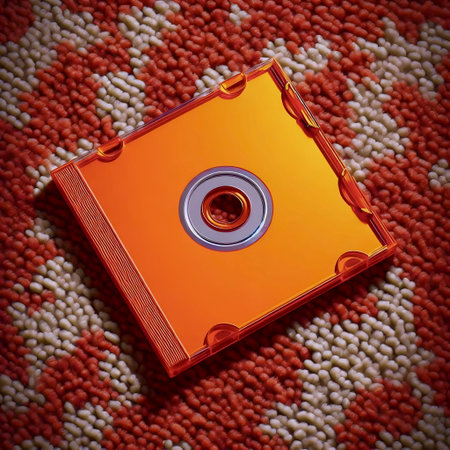 A bright orange CD jewel case mockup, empty and slightly open, on a dirty pixel carpet texture.