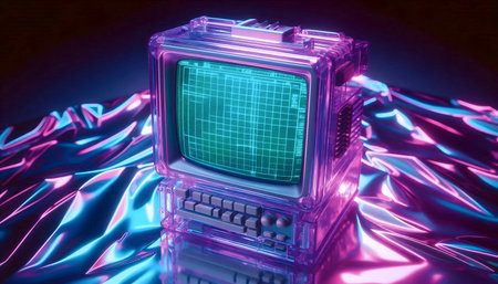 A translucent purple CRT monitor mockup displaying a grid, on a silver holographic surface, Ai...