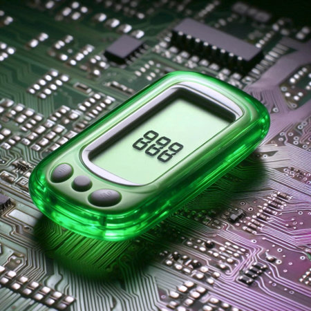 A translucent green pager mockup on a circuit board texture, with glowing LCD digits, Ai generated...