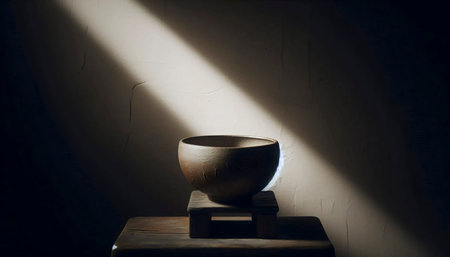A handmade chawan tea bowl mockup on a low wooden stool