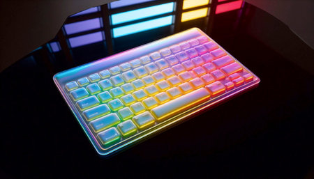 A see-through rainbow gel keyboard skin mockup, laid flat on a glass table, Ai generated image