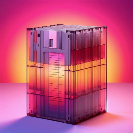 A translucent plastic floppy disk holder mockup, empty, on a gradient sunset background.