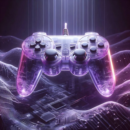 A three-pronged video game controller mockup in atomic purple, floating in cyberspace, Ai generated...