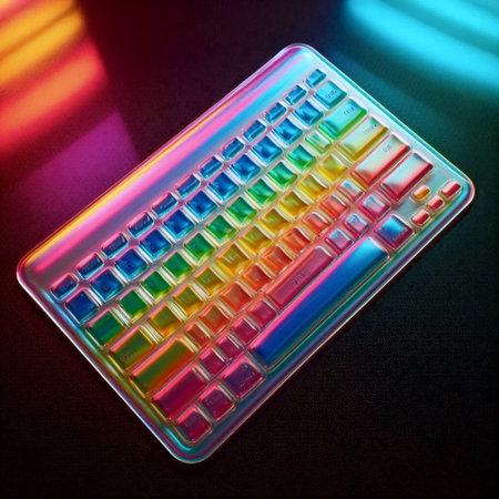 A see-through rainbow gel keyboard skin mockup, laid flat on a glass table, Ai generated image