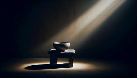 A handmade chawan tea bowl mockup on a low wooden stool, Ai generated image