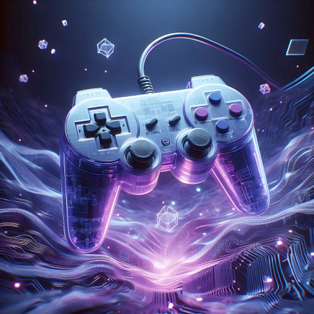 A three-pronged video game controller mockup in atomic purple, floating in cyberspace, AI generated...