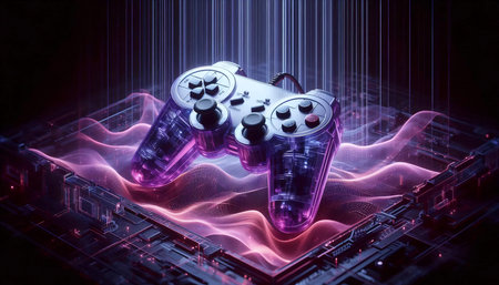 A three-pronged video game controller mockup in atomic purple, floating in cyberspace, Ai generated...