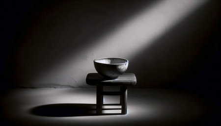 A handmade chawan tea bowl mockup on a low wooden stool, Ai generated image