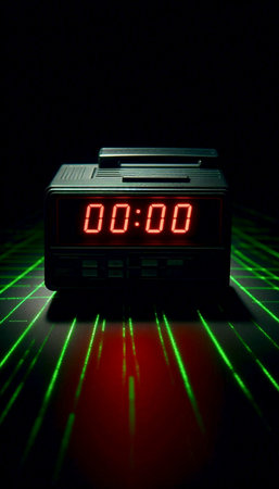 A black digital alarm clock mockup with red LED numbers, in a dark room with laser grid, Ai...
