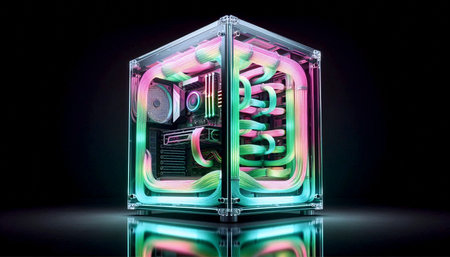 A clear acrylic PC tower case mockup with colored cables inside, on a mirror, Ai generated image