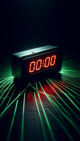 A black digital alarm clock mockup with red LED numbers, in a dark room with laser grid