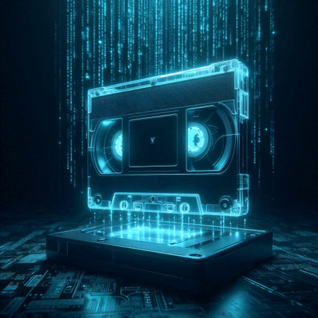 A glowing cyan VHS tape mockup, suspended in a dark space with digital rain, Ai generated image
