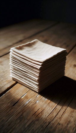 A stack of raw linen napkin mockups on a worn wooden table, Ai generated image