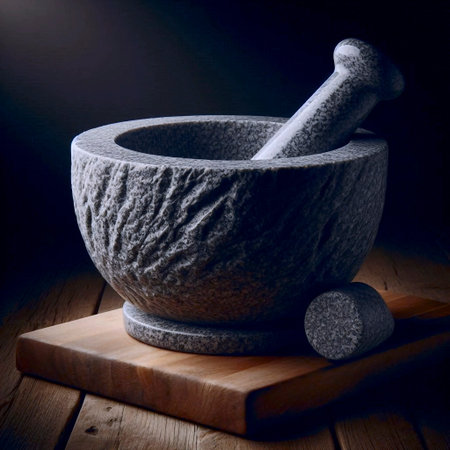 A heavy granite mortar mockup with pestle aside, on a wooden slab, Ai generated image