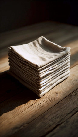 A stack of raw linen napkin mockups on a worn wooden table, Ai generated image