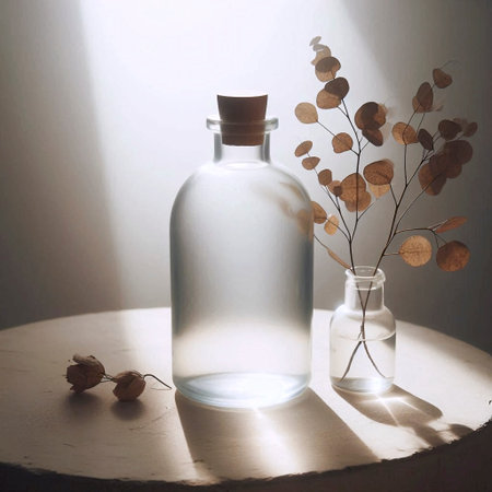 An empty clear glass bottle mockup with cork, beside dried eucalyptus, Ai generated image