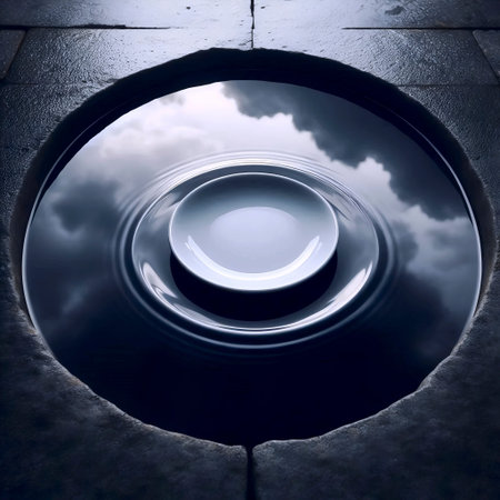 A single white porcelain plate mockup floating in a shallow pool of water, Ai generated image